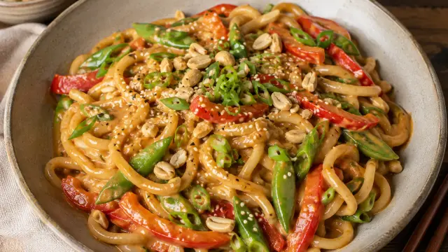 Ázijské udon rezance s krémovou arašidovou omáčkou