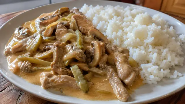 Bravčový stroganov so šampiňónmi a ryžou