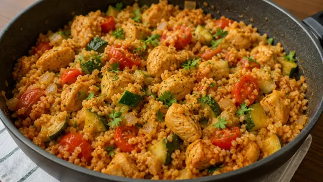 Rýchly bulgur s kuracím mäsom, cuketou a paradajkami