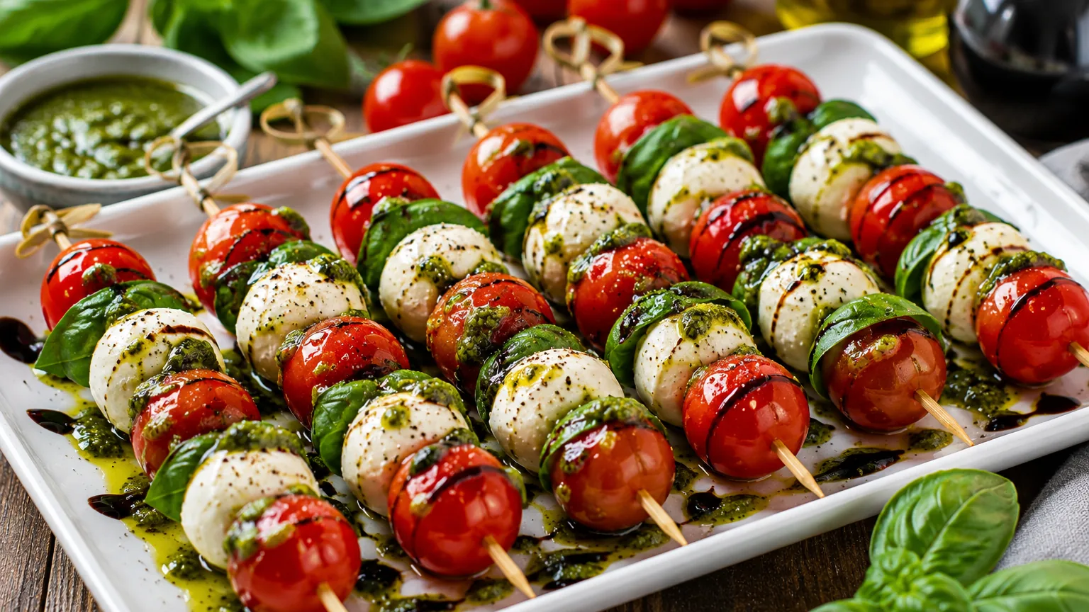 Caprese špízy s bazalkovým pestom