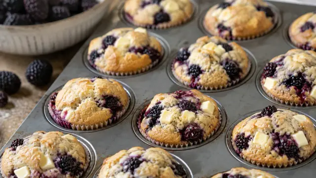 Vláčne černicové muffiny s kúskami bielej čokolády