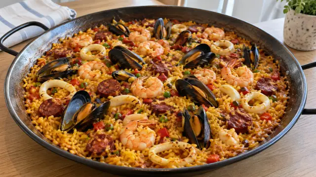 Španielska paella s morskými plodmi a chorizom
