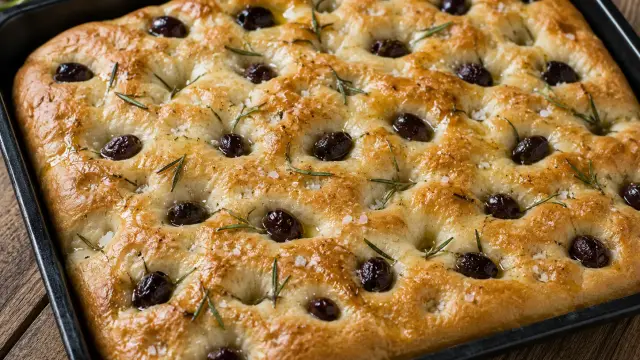 Domáca talianska focaccia s rozmarínom a olivami