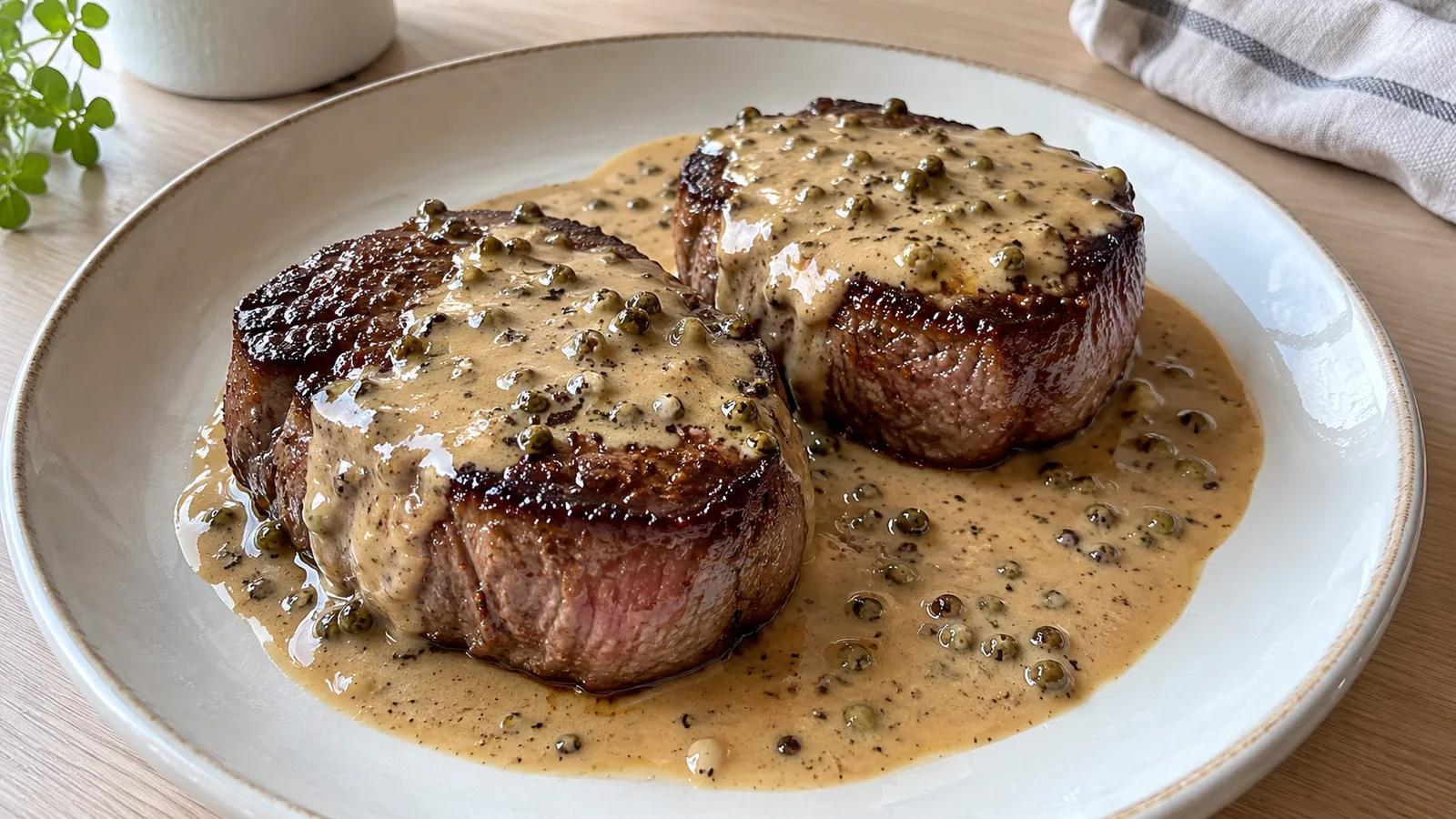 Šťavnatý hovädzí steak s omáčkou zo zeleného korenia