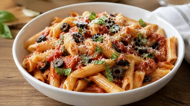 Penne s paradajkovou omáčkou a olivami