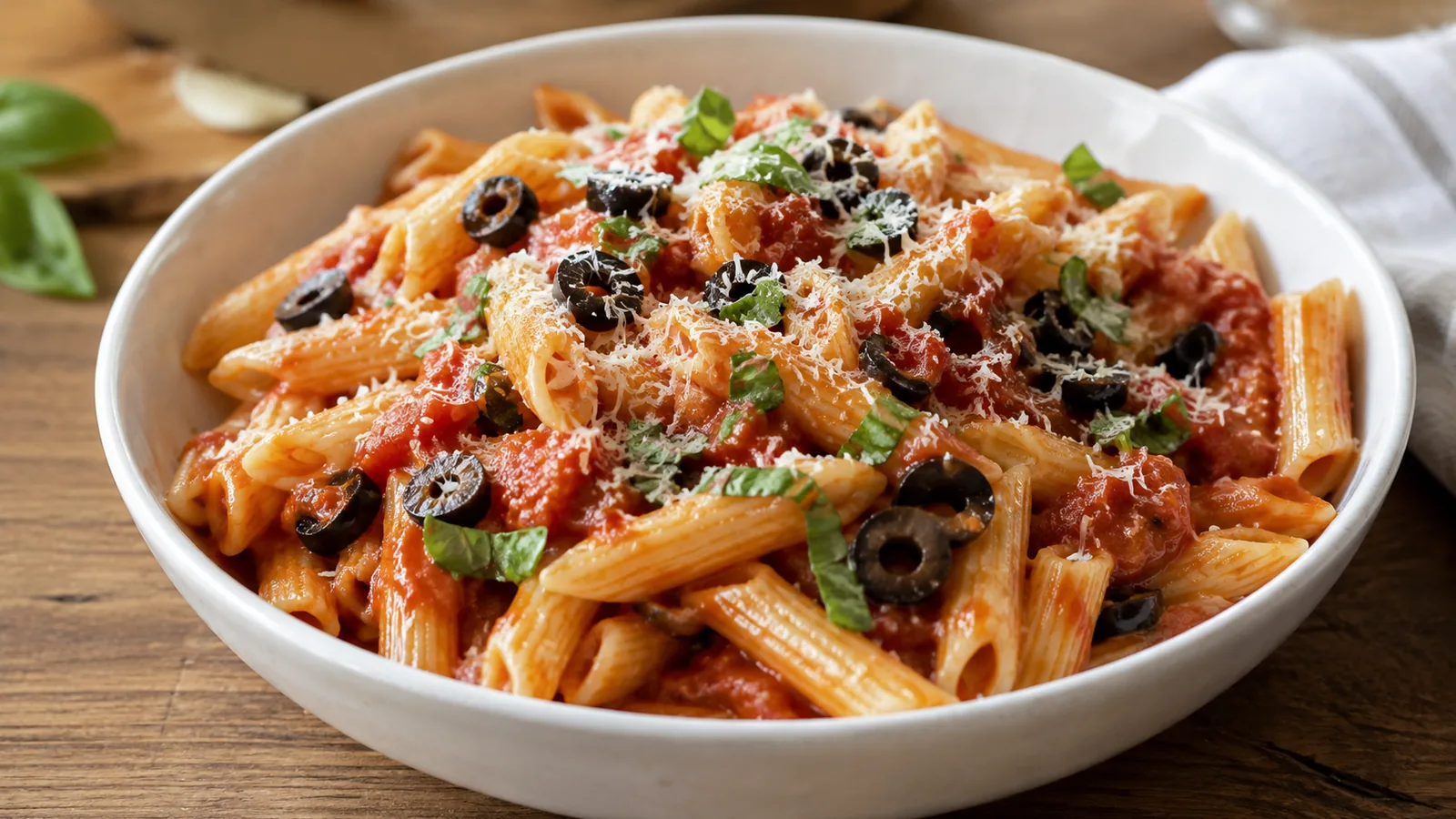 Penne s paradajkovou omáčkou a olivami