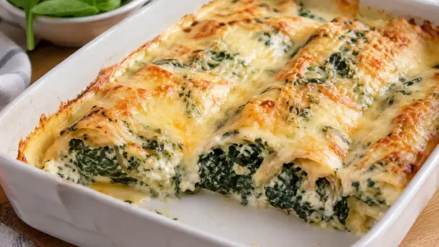 Zapekané slané palacinky plnené špenátom a syrom