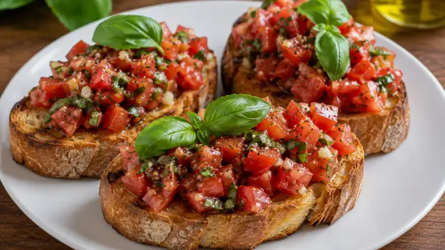 Pravá talianska Bruschetta s paradajkami a bazalkou
