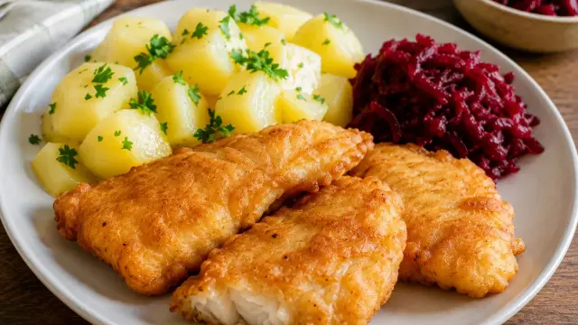 Vyprážané rybie filé s maslovými zemiakmi