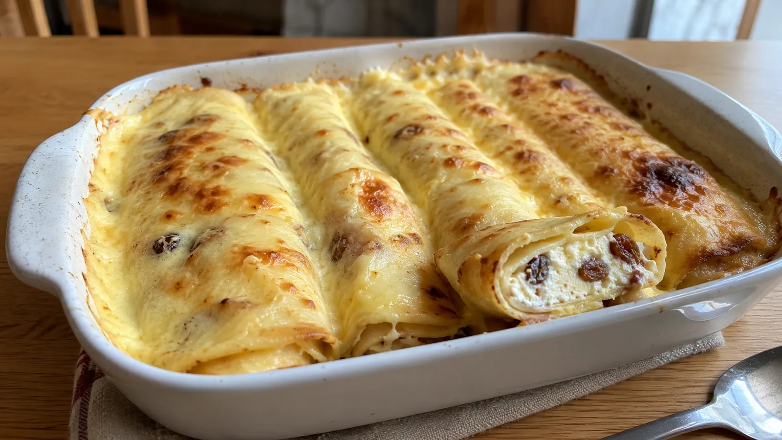 Zapekané palacinky s tvarohom a hrozienkami