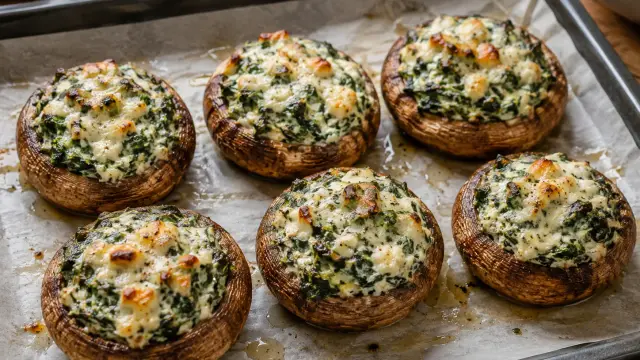 Zapekané šampiňóny plnené špenátom a syrom Feta