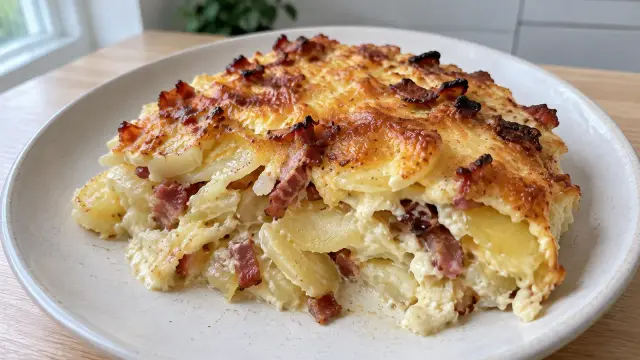 Sýte zapekané zemiaky so slaninou, cibuľou a syrom